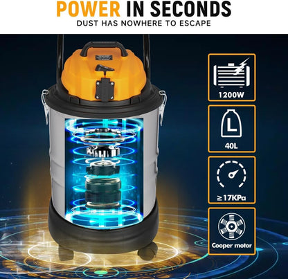 Hoteche 1200 W nat-droogzuiger, 40 l metalen reservoir, 1,4 m³/min luchtstroom, 15 kPa zuigkracht, met blaasfunctie, ideaal voor werkplaats, familie en bouwplaats
