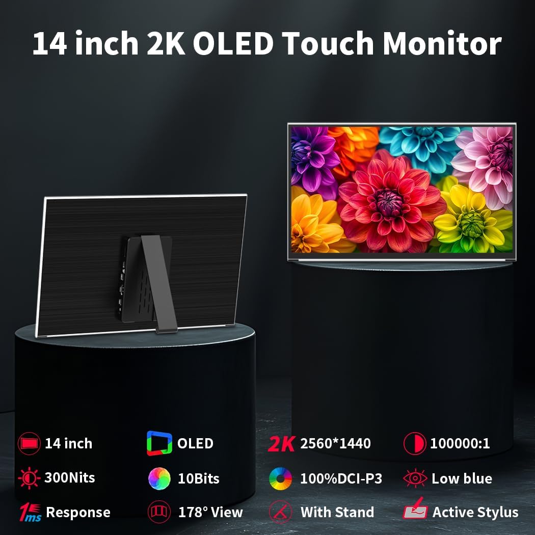 Portable Monitor Touch Screen 14 inch 2K, 2560x1440 100% P3 1Ms Mobile Display, AES Stylus Pen Support, Eye Care Portable Monitor - QUORE