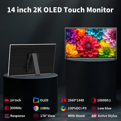 Portable Monitor Touch Screen 14 inch 2K, 2560x1440 100% P3 1Ms Mobile Display, AES Stylus Pen Support, Eye Care Portable Monitor - QUORE