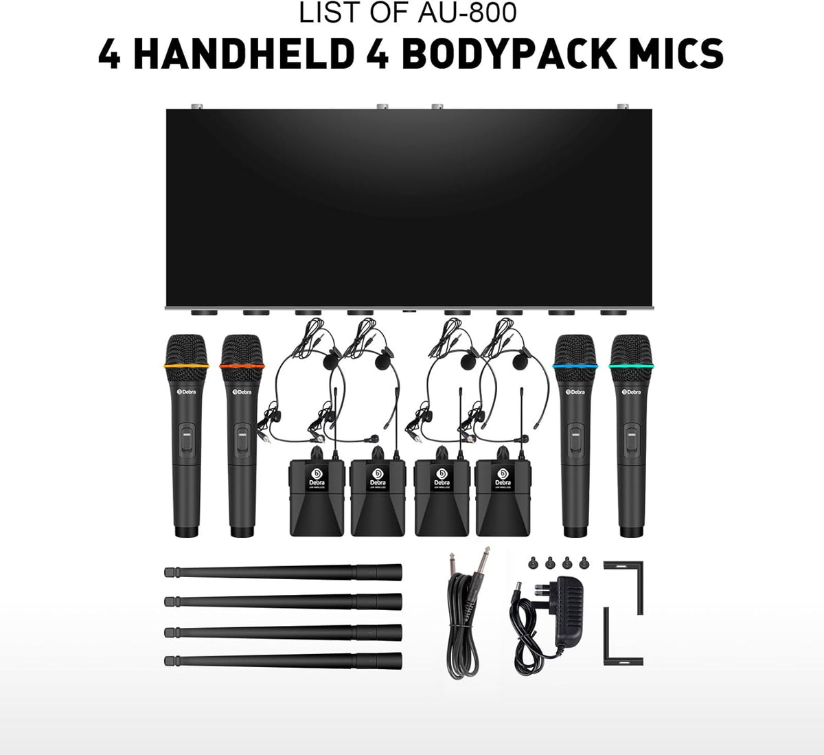 Draadloze microfoonset – Microfoonsysteem – UHF microfoonset – Draadloos microfoonsysteem – Karaoke microfoonset – 8-Kanaals Set Met 4 Handmicrofoons En 4 Bodypack Zenders – Metalen Ontvanger Met Squelch-Circuit