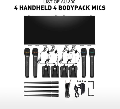 Draadloze microfoonset – Microfoonsysteem – UHF microfoonset – Draadloos microfoonsysteem – Karaoke microfoonset – 8-Kanaals Set Met 4 Handmicrofoons En 4 Bodypack Zenders – Metalen Ontvanger Met Squelch-Circuit