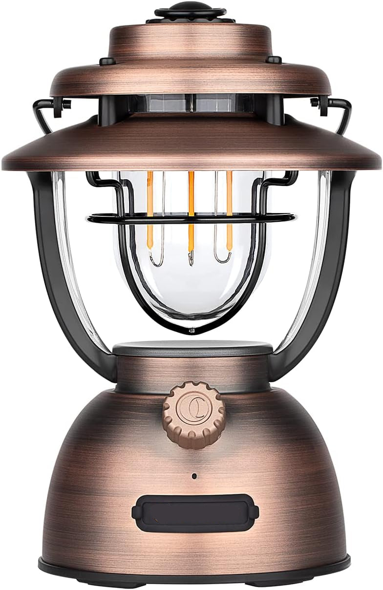 Campinglamp - Kampeerlamp - Retro Stijl LED-lantaarn - Dimbare - Draagbare - met Noodstroombank - USB-C & A Oplaadbaar - voor Buiten - Camping - Noodsituatie - IPX5 Waterdicht - 300Lm - 11200 mAh - Vintage Koperen Afwerking