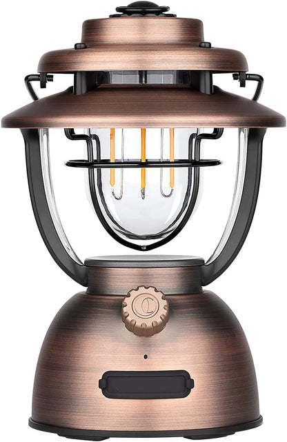 Campinglamp - Kampeerlamp - Retro Stijl LED-lantaarn - Dimbare - Draagbare - met Noodstroombank - USB-C & A Oplaadbaar - voor Buiten - Camping - Noodsituatie - IPX5 Waterdicht - 300Lm - 11200 mAh - Vintage Koperen Afwerking