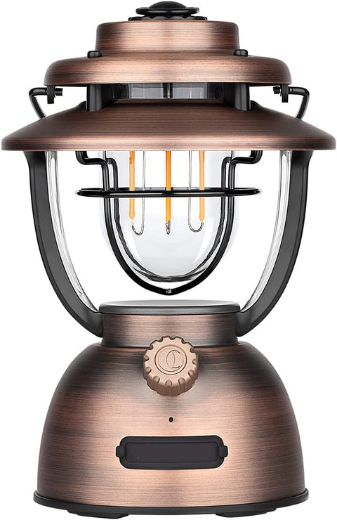 Campinglamp - Kampeerlamp - Retro Stijl LED-lantaarn - Dimbare - Draagbare - met Noodstroombank - USB-C & A Oplaadbaar - voor Buiten - Camping - Noodsituatie - IPX5 Waterdicht - 300Lm - 11200 mAh - Vintage Koperen Afwerking