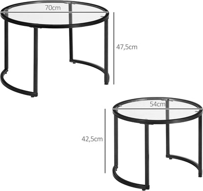HOMCOM Coffee Table Set of 2, Side Table with Black Steel Frame, Coffee Table with Glass Tabletop, Partially Stackable, for Living Room, Bedroom - QUORE