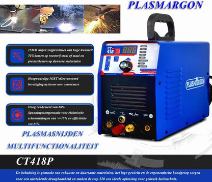 CT418P 3-in-1 combo plasmasnijder WIG lasapparaat MMA omvormer combo lasapparaat plasmasnijder TIG MMA | IGBT | digitaal LCD-scherm | HF-ontsteking CT418P