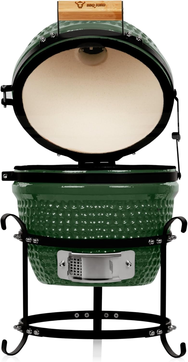 bbq-Toro Kamado Hairo Charcoal Barbecue, Diameter 32 cm, Green, Mini Charcoal Grill with Thermometer and Wooden Handles, Round Ceramic Grill, Ceramic Grill Smoker - QUORE