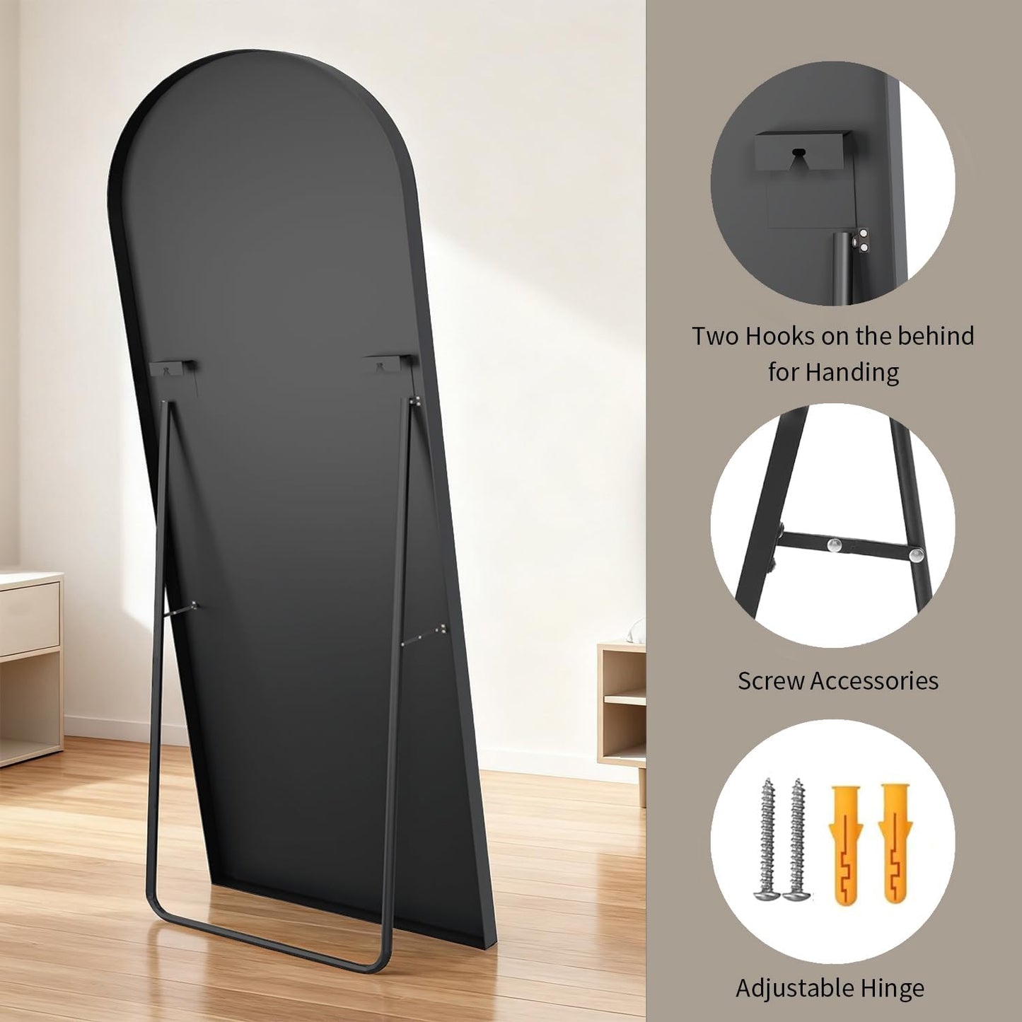 Full body spiegel, 165 x 60 cm boog, staande spiegel van gehard glas, hangend of leunend, grote wandspiegel voor slaapkamer, woonkamer, kleedkamer, zwart