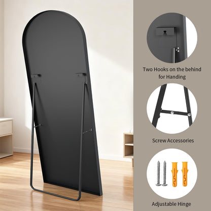 Full body spiegel, 165 x 60 cm boog, staande spiegel van gehard glas, hangend of leunend, grote wandspiegel voor slaapkamer, woonkamer, kleedkamer, zwart
