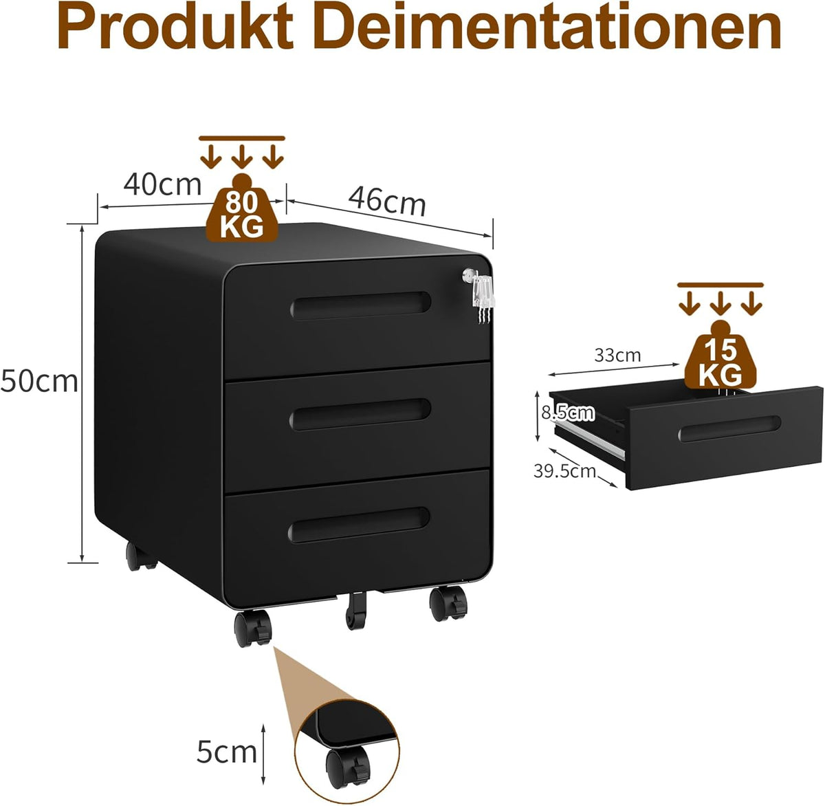 Rollcontainer, mobiele archiefkast, afgeronde hoek, 3 laden, 40 x 46 x 48,6 cm, zwart OFC033B01HI