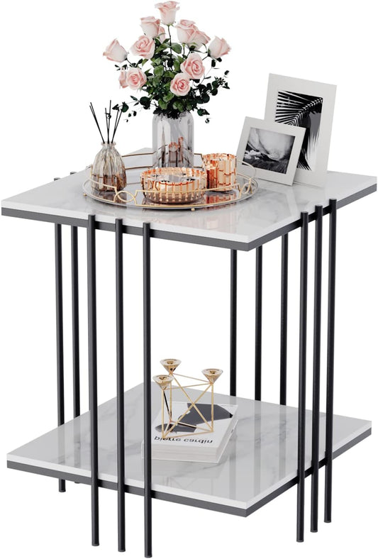 FATIVO Marble Coffee Table Side Table Sofa Table: 2 Shelves Side Table Square Bedside Table for Living Room Bedroom with Black Iron Frame-44.5 * 44.5 * 55.5cm - QUORE