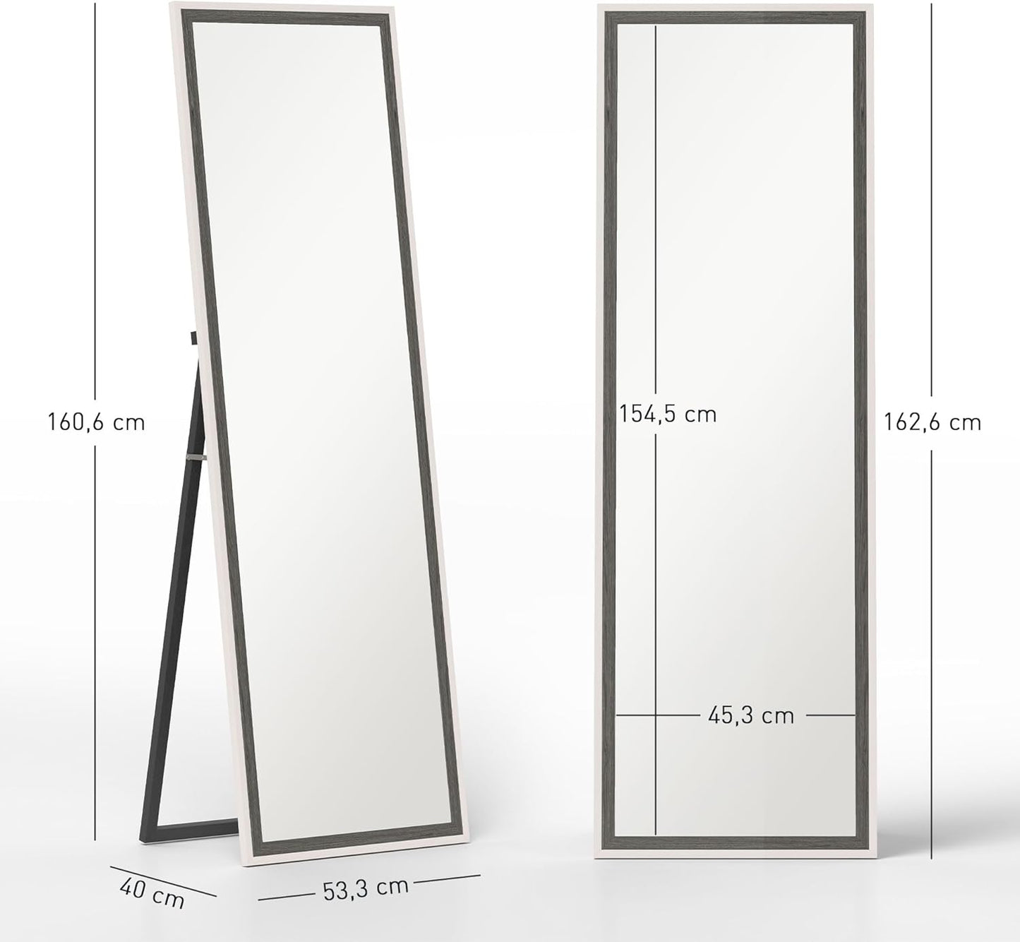 HOMCOM Ganzkörperspiegel 162.5 x 53.5 cm Standspiegel mit Ständer, Wall Mirror für Wohnzimmer, Schlafzimmer, Ankleidungsraum Grau+Weiß - QUORE