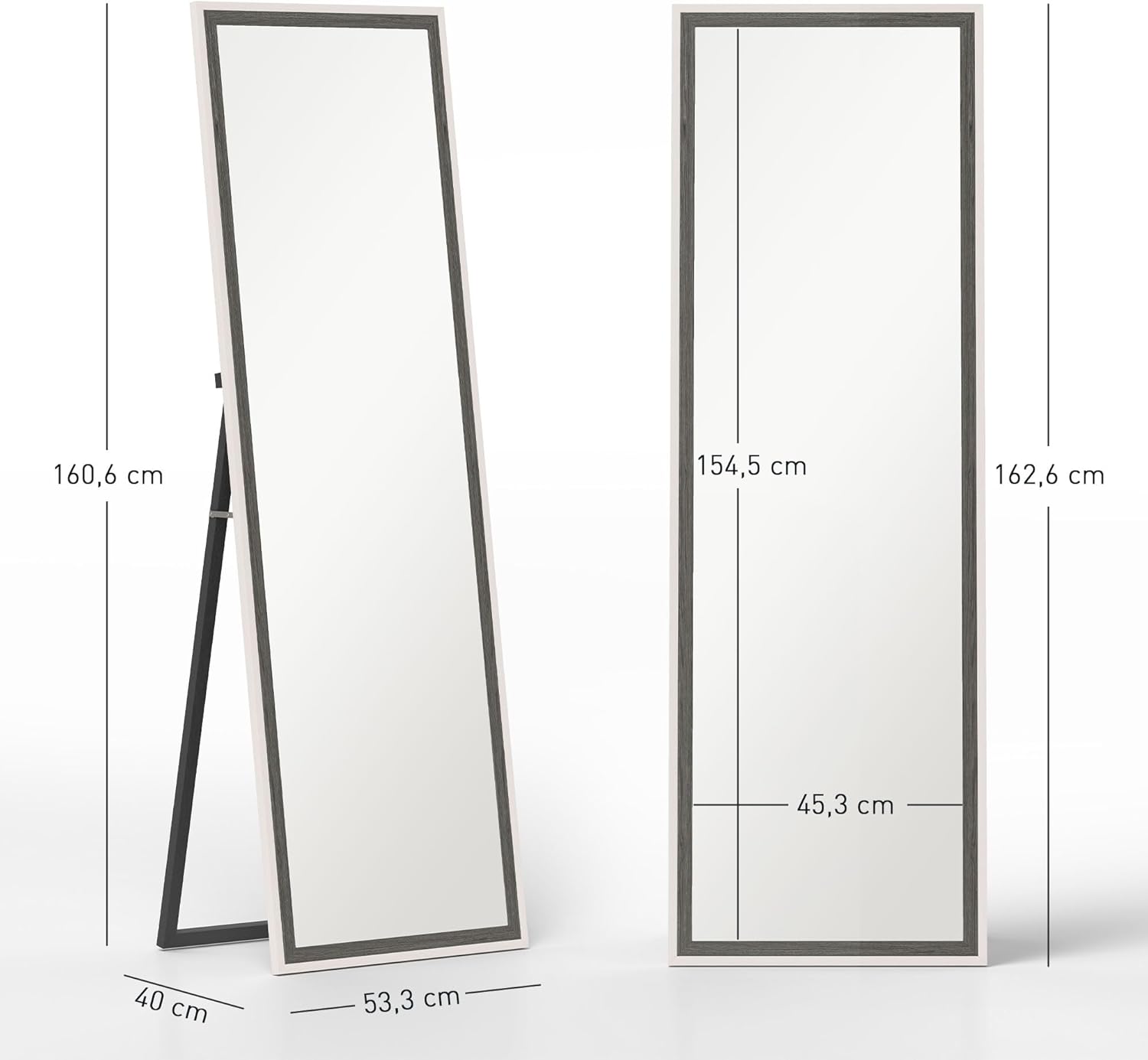 HOMCOM Ganzkörperspiegel 162.5 x 53.5 cm Standspiegel mit Ständer, Wall Mirror für Wohnzimmer, Schlafzimmer, Ankleidungsraum Grau+Weiß - QUORE