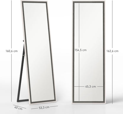 HOMCOM Ganzkörperspiegel 162.5 x 53.5 cm Standspiegel mit Ständer, Wall Mirror für Wohnzimmer, Schlafzimmer, Ankleidungsraum Grau+Weiß - QUORE