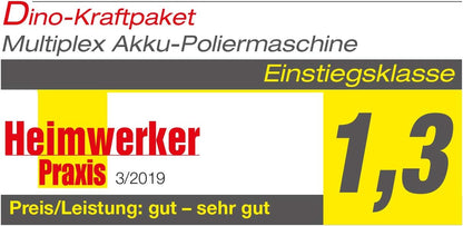 Dino KRAFTPAKET 640256 10,8 V accu polijstmachine multiplex 75 mm schijf 600-3.000 omw/min met draaibare behuizing voor staaf- of pistoolvorm. Complete set met pads polijstschijf snellader, tas, grijs