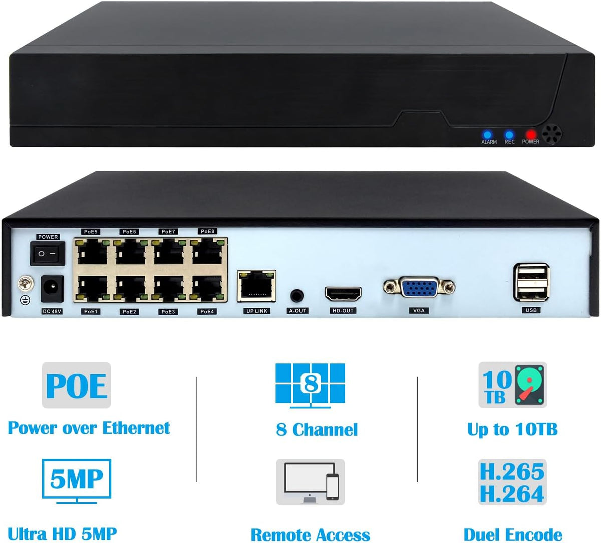 8CH PoE NVR, POE netwerk videorecorder (HD 1080P/3MP/4MP/5MP) voor bewaking Home Security System, 8-kanaals Power Over Ethernet voor IP-camera, exclusief HDD (POE4008ES)