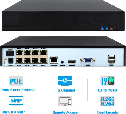 8CH PoE NVR, POE netwerk videorecorder (HD 1080P/3MP/4MP/5MP) voor bewaking Home Security System, 8-kanaals Power Over Ethernet voor IP-camera, exclusief HDD (POE4008ES)