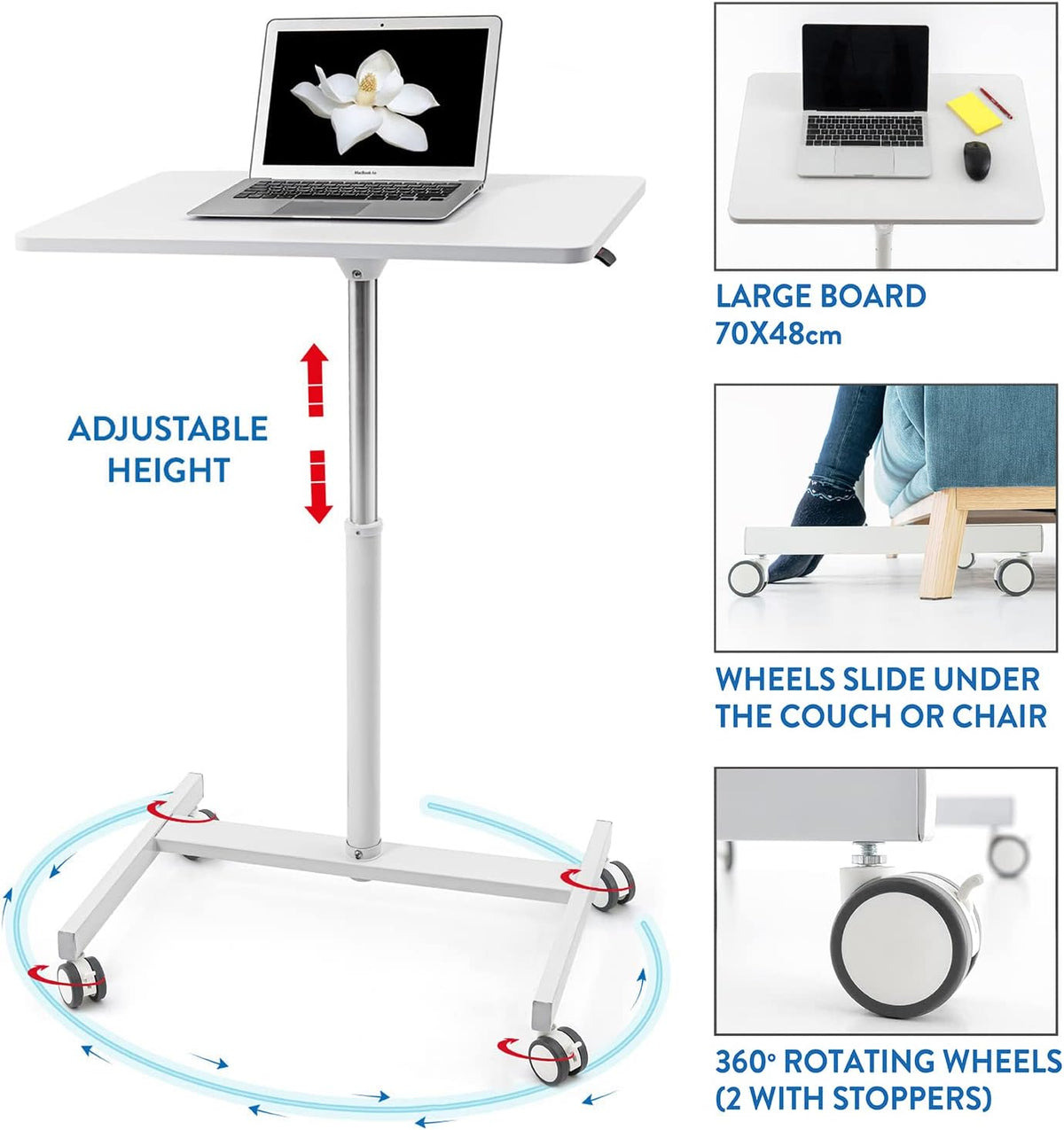 Tatkraft Trend Airlift pneumatisch zit-sta laptopbureau met wielen, verstelbare hoogte 74-114 cm Moeiteloze gasliftregeling, thuiskantoor mobiele laptopstandaard, Wit