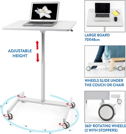 Tatkraft Trend Airlift pneumatisch zit-sta laptopbureau met wielen, verstelbare hoogte 74-114 cm Moeiteloze gasliftregeling, thuiskantoor mobiele laptopstandaard, Wit