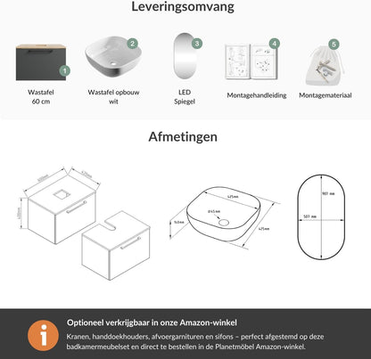 Planetmöbel Astra Bathroom Cabinet Set with Basin Cabinet 60 cm, Gold Oak Anthracite, Sink with Top Edge 42 cm White, Mirror (with LED) 50 cm - QUORE