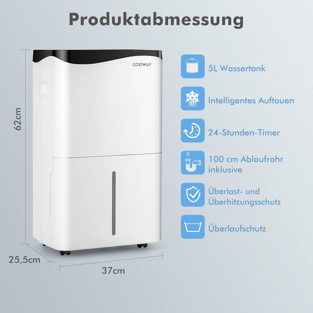 FANTASK 4 modi bouwdroger 50 l/dag met 24-uurs timer, slimme luchtontvochtiger met led-aansoog en ventilator, 5 l waterreservoir en afvoerslang