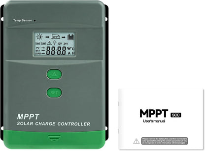 60A MPPT laadregelaar zonne-energie automatische detectie 12V/24V MPPT-laadregelaar LCD-digitaal display maximale nullastspanning van het zonnepaneel 100 V, dual USB, grijs-groen