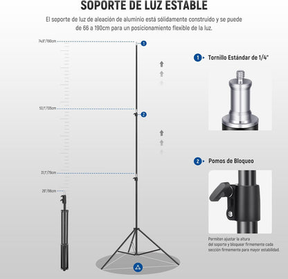 LED-videolichtset 2-delig met statief – Videolamp – Lichtpaneel – Fotolamp – Studiolamp – 3200K-5600K, CRI 96+ – 3300 Lux op 1 m