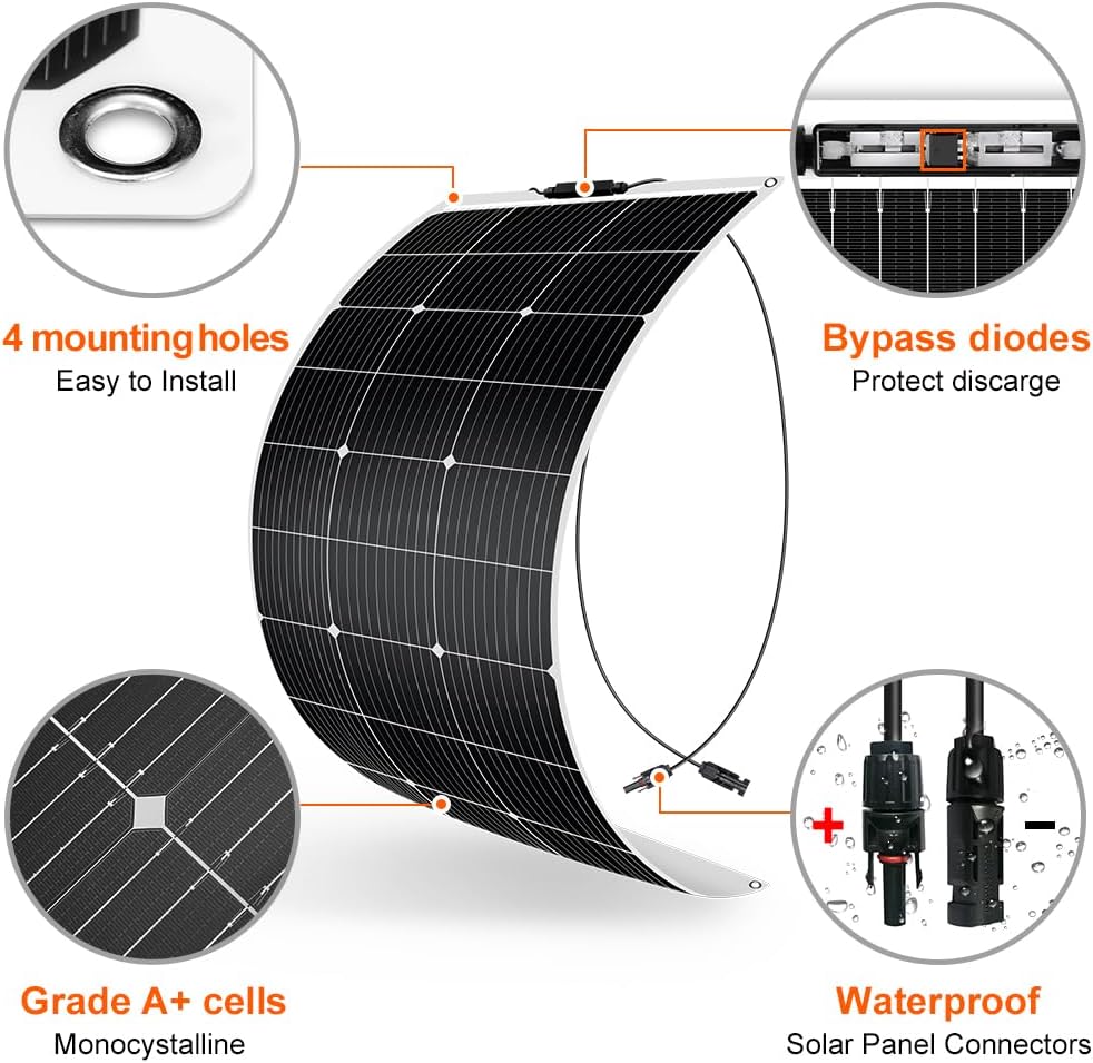 DOKIO Zonnepaneel, flexibel, 400 W, 4 x 100 W, monokristallijne zonnepanelen, ideaal voor camper, camping, tuinhuis
