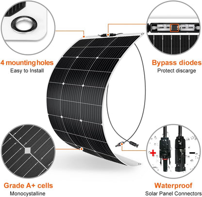 DOKIO Zonnepaneel, flexibel, 400 W, 4 x 100 W, monokristallijne zonnepanelen, ideaal voor camper, camping, tuinhuis