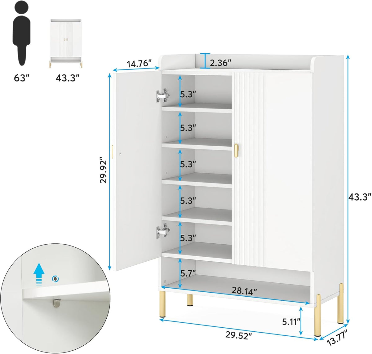Tribesigns Shoe Cabinet Storage Entrance: Slim 6-Layer Shoe Organizer Cabinet with Adjustable Shelves, Free Standing Wooden Shoe Rack with Doors for Entrance, Hallway, Living Room - White