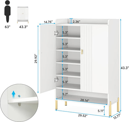 Tribesigns Shoe Cabinet Storage Entrance: Slim 6-Layer Shoe Organizer Cabinet with Adjustable Shelves, Free Standing Wooden Shoe Rack with Doors for Entrance, Hallway, Living Room - White