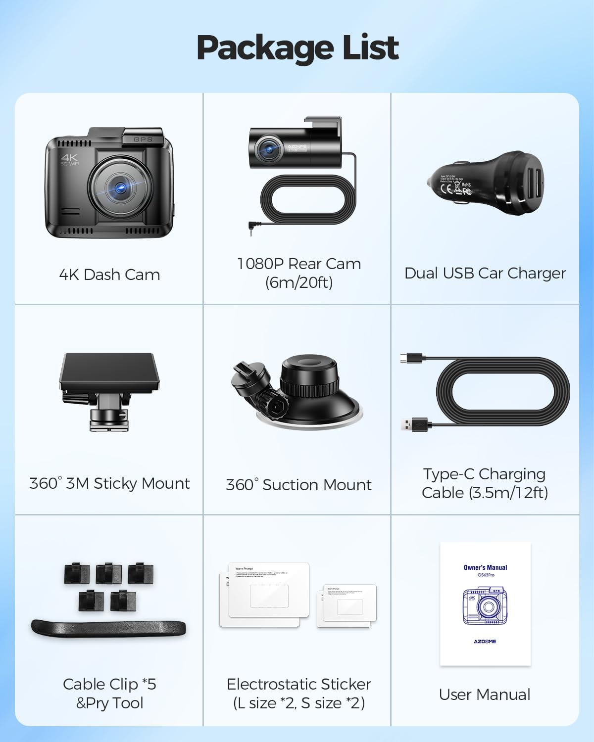 AZDOME 4K + 1080P autocamera, 5Ghz WiFi, 4K dashcamera aan de voorkant, ADAS, 128GB eMMC, HDR nachtzicht, GPS, parkeergroothoeklusopnamemodus (GS63Pro)