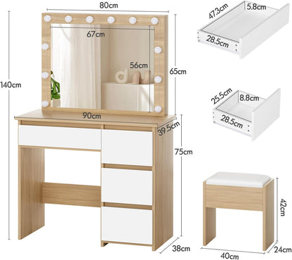 Make-uptafel – Kaptafel – Schminktisch – Make-up tafel – Make-up bureau – 4 Laden Opbergruimte – Verstelbare 12 LED Lampen