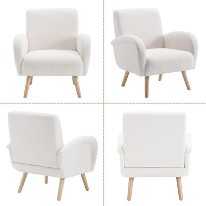Armchair Upholstered Chair Modern Fur Chair with Wooden Legs Upholstered Chairs for Bedroom/Living Room White