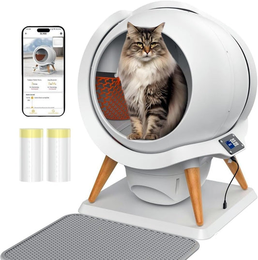 HONEYGUARDIAN Zelfreinigende Kattenbak, 2.4G WIFI Automatische Kattenbak met App-besturing, 63L Extra Groot voor Meerdere Katten, Geur Eliminatie/Kattenbakmat/2 Rollen Vuilniszakken