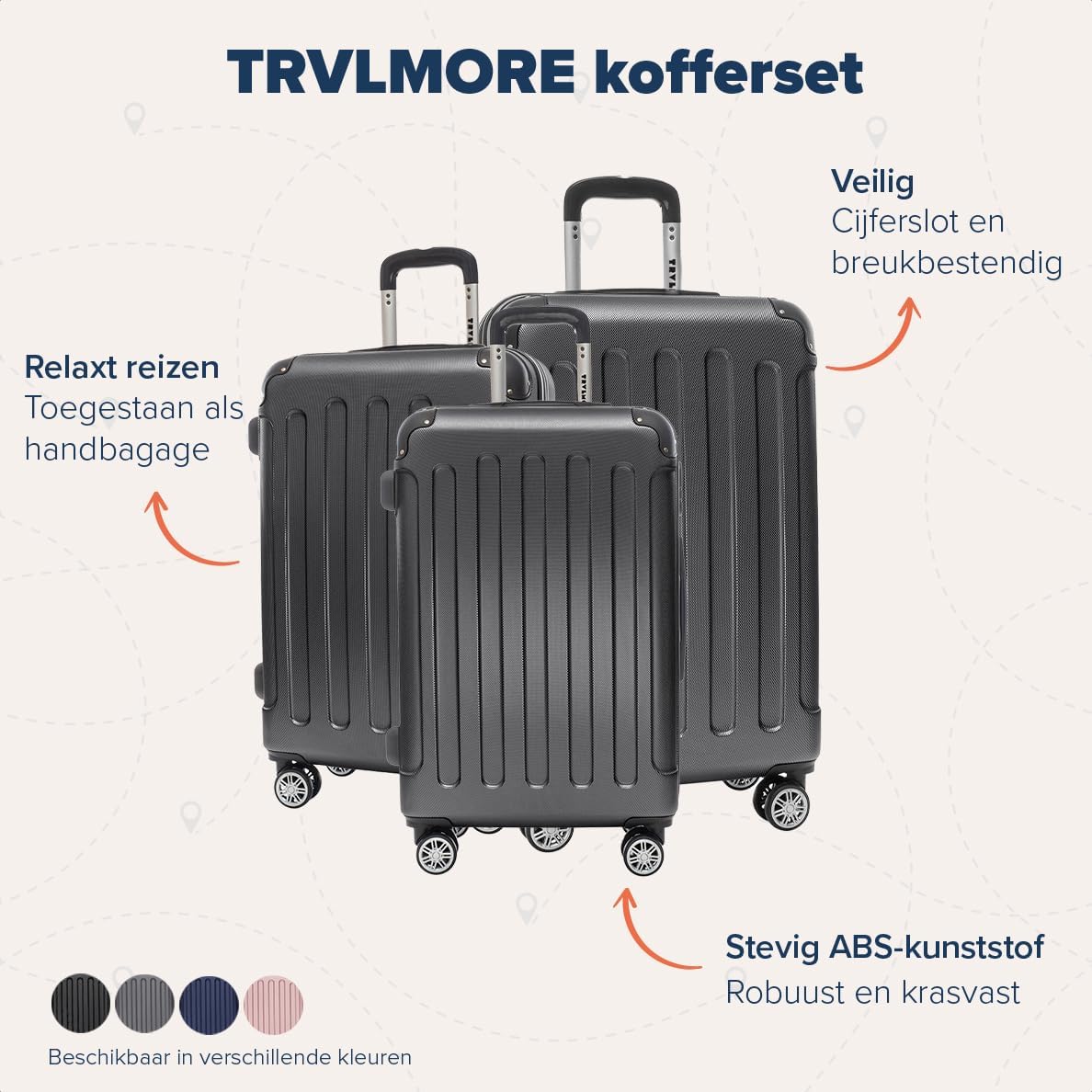 TRVLMORE Kofferset - 3 Delig - 38L Handbagage + 110L Ruimbagage - Lichtgewicht - Trolley - Reiskoffer Set - Zwart