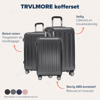TRVLMORE Kofferset - 3 Delig - 38L Handbagage + 110L Ruimbagage - Lichtgewicht - Trolley - Reiskoffer Set - Zwart