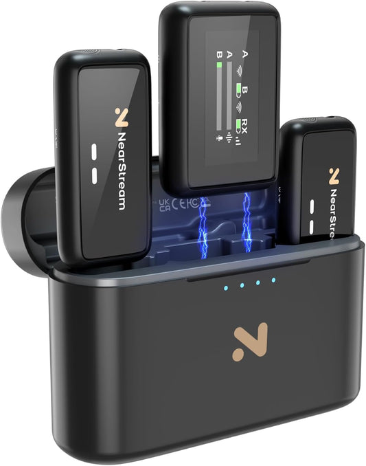 NearStream Draadloze lavalier-microfoon voor Android, iOS, camera, pc, draadloze microfoon voor video-opname, streaming, vlog, interview, 656 ft transmissie, lcd-display, 20 uur batterijduur (AWM20T)