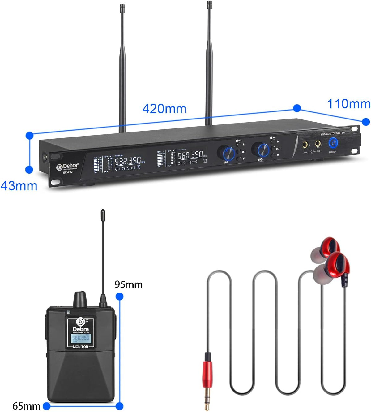 Draadloos in ear monitorsysteem Dubbel Kanaal – IEM set, monitorset, bodypack ontvanger, in ear monitor – 2 bodypacks, zender en ontvanger – UHF 510 tot 580 MHz, 100 instelbare frequenties per kanaal