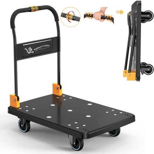 Platformwagen – Transportwagen, Platformtruck, Vouwwagen, Trolley – Grote Gele Uitvoering Zonder Rem – 450 Kg Draagvermogen – Eénhandig Opvouwbaar Met Stille Wielen