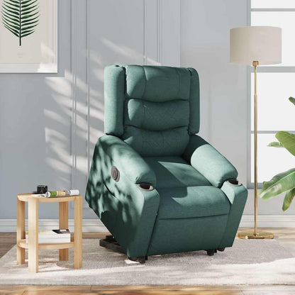 Relaxstoel – Elektrische Fauteuil – Ligstoel – TV Stoel – Opstahulp – Donkergroene Stof – Verstelbare Rugleuning Tot 135° – Stevig Hout- en Metalen Frame