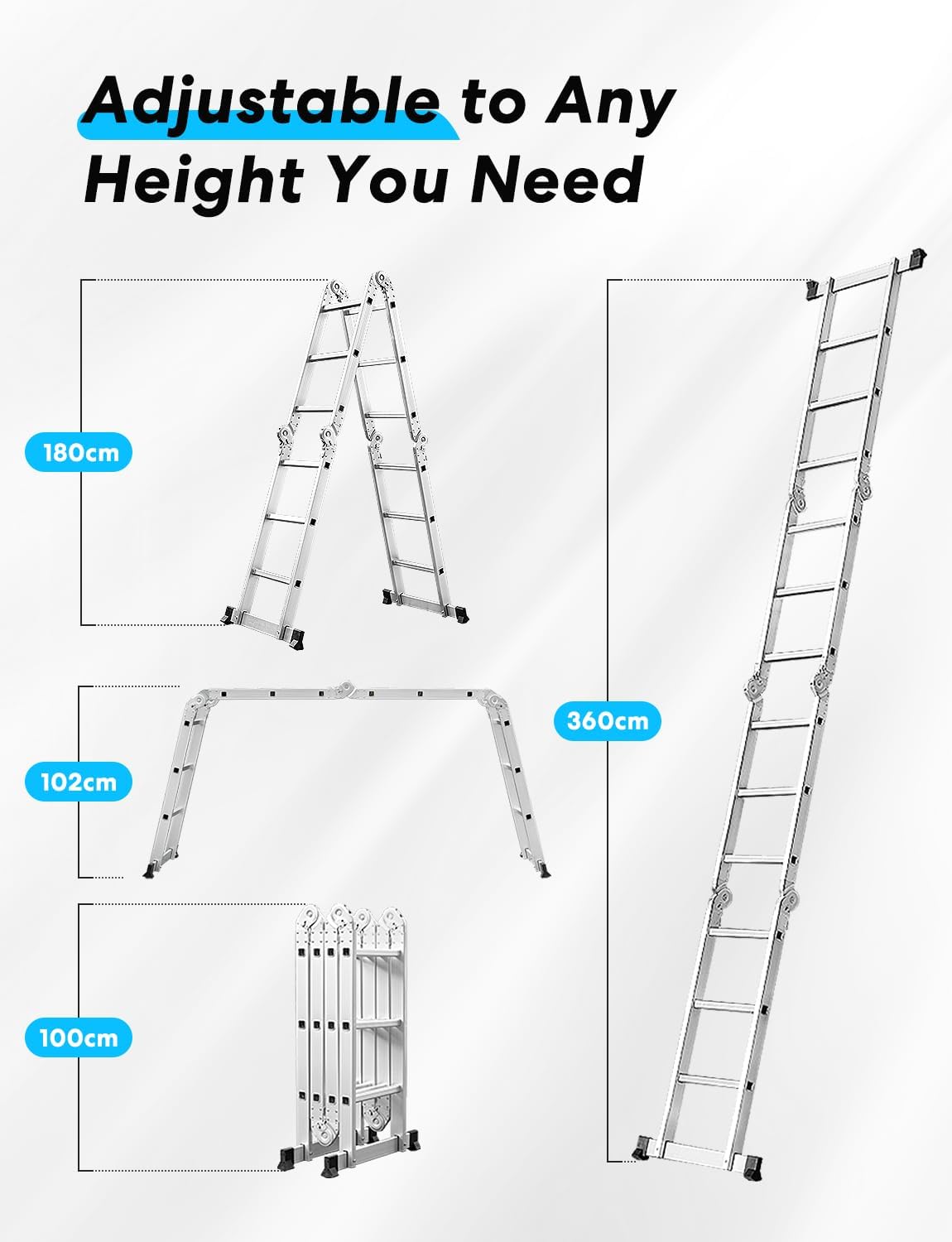 6-in-1 multifunctionele ladder, 3,6 m, inklapbare aluminium ladder, 4 x 3 scharnierende ladder met 12 treden, antislip, stabiel en robuust, tot 150 kg belastbaar, zilver