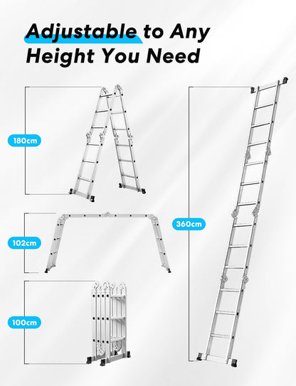 6-in-1 multifunctionele ladder, 3,6 m, inklapbare aluminium ladder, 4 x 3 scharnierende ladder met 12 treden, antislip, stabiel en robuust, tot 150 kg belastbaar, zilver