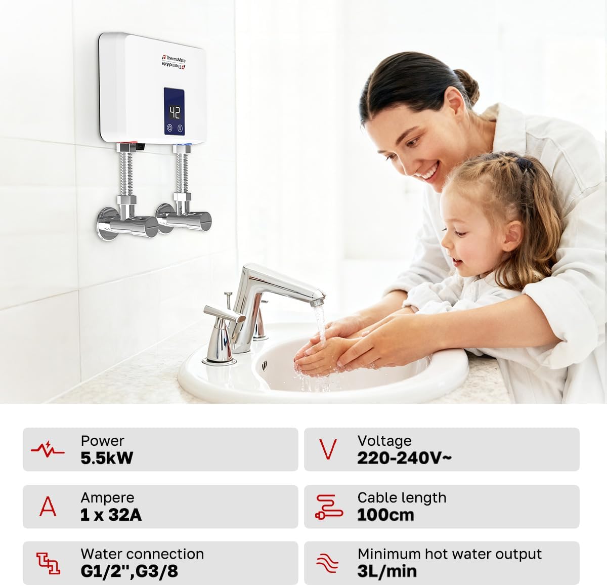 ThermoMate Mini doorstroomboiler elektrisch, 5,5 kW On Demand direct-warmwatervoorziening voor de wastafel, zelfmodulerend, energiebesparend, ruimtebesparend, zonder stekker