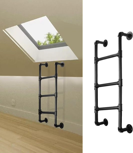 3-rings stapelbedladder, 10 x 3 m, wandmontage, kelder, raam, fontein, ladder, zwarte smeedijzeren industriële buisstappen, ladders, 100 kg, metalen binnenladders voor buiten