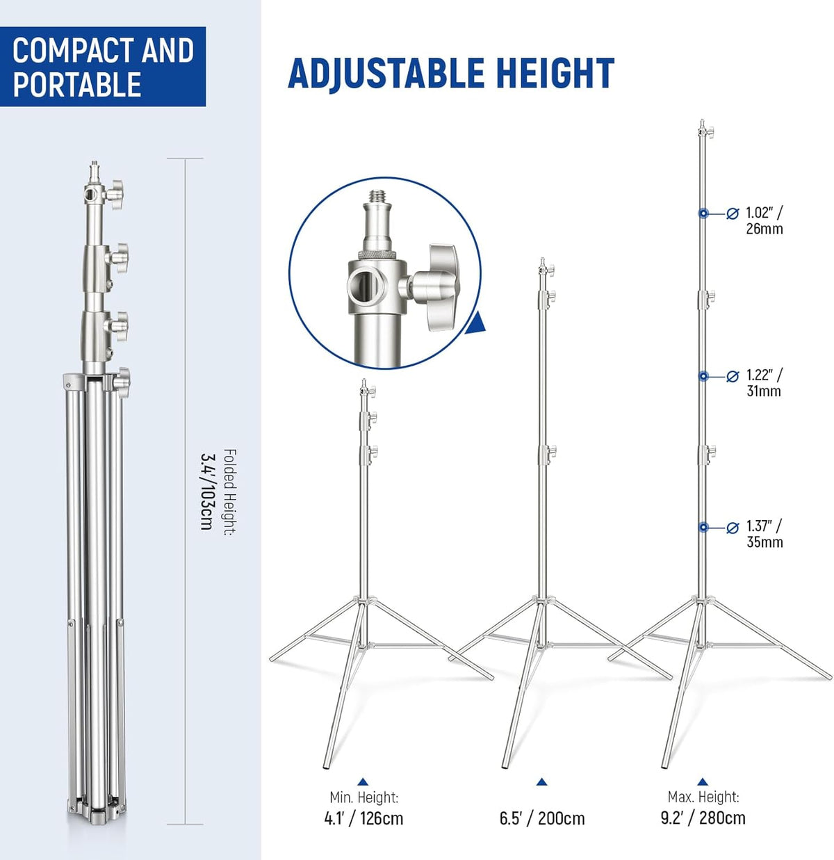 NEEWER 2 stuks 9 ft roestvrijstalen lichtstandaards, veergedempte zware fotografie statief standaard met 1/4 "-3/8" adapter voor stroboscoop-video-ringlicht, monolight softbox, 22 lbs maximale
