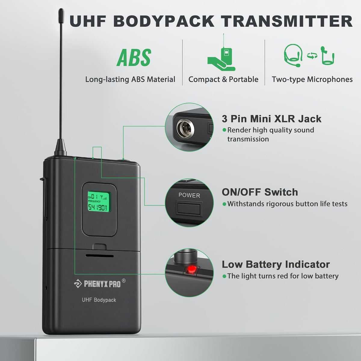 Phenyx Pro Draadloos microfoonsysteem, 4-kanaals UHF draadloze microfoonset met handheld/bodypack/headset/reversmicrofoons, metalen draadloze microfoon met vaste frequentie voor kerk, zingen, DJ