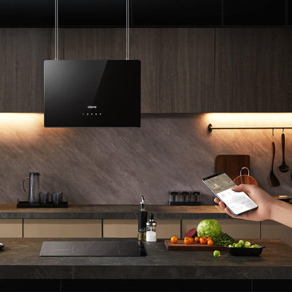 CIARRA CBCB4850 A+++ eilandafzuigkap recirculatie vrijhangend afzuigkap 48 cm 700 m³/u met slimme Wi-Fi app 4 snelheden boostfunctie glazen front inclusief actiefkoolfilter CBCF003 zwart