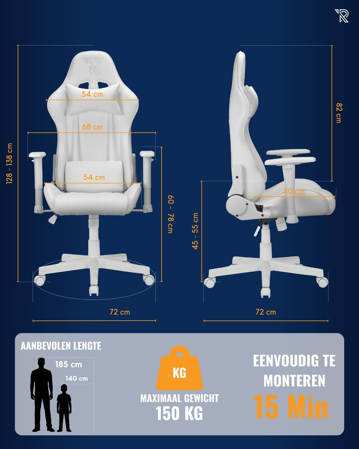 Felix gamestoel - 360° bureaustoel, Verstelbare Armleuningen, Verstelbare Rugleuning, Afneembare en verstelbare kussens, Ergonomische Gaming Chair, Stabiel Metalen onderstel, Gaming Stoel - Wit