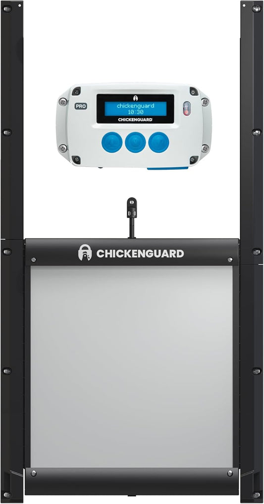 ChickenGuard Automatic Chicken House Door Opener, Power Source: Solar/Batteries/Electric. Timer/Light Sensor; Motor units alone or Combination kits. (PRO + Door + Batteries) - QUORE